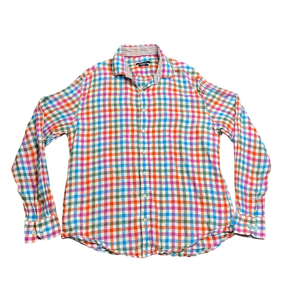 Bugatchi Linen Men's XL Shaped Fit Gingham Check L/S Shirt‎ Multi Color Rainbow